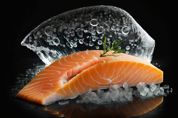 Fresh raw salmon or trout lake fish fillet on ice closeup, generative AI illustration