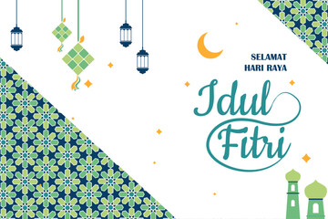 Selamat Hari Raya Idul Fitri. Translation: Happy Eid Mubarak. Eid al-Fitr Greeting with hand lettering calligraphy and illustration