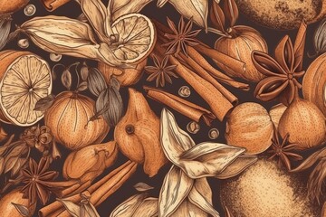 Fototapeta na wymiar Illustration of oranges, cinnamons, and cloves arranged in a rustic style created with Generative AI technology