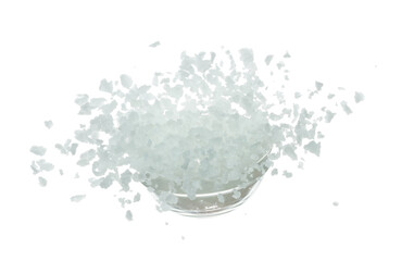 Salt rock flower pour fall in bowl, white Salt rock flower cook abstract cloud fly. Big size ground salt splash in air, food object element design. White background isolated high speed freeze motion