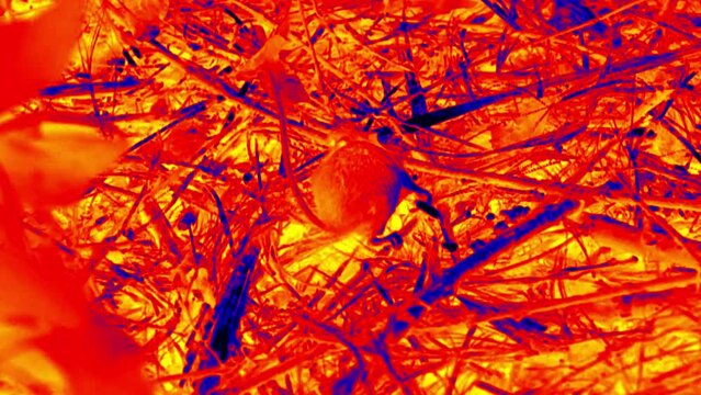 A shy wild type mouse gnaws grain in the grass, and then quickly disappears in a jump. Illustration of thermal image.