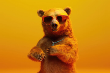 Portrait of a brown bear in big red carnival glasses. Club-footed bear looks directly into the camera on an isolated orange background. Generative AI.