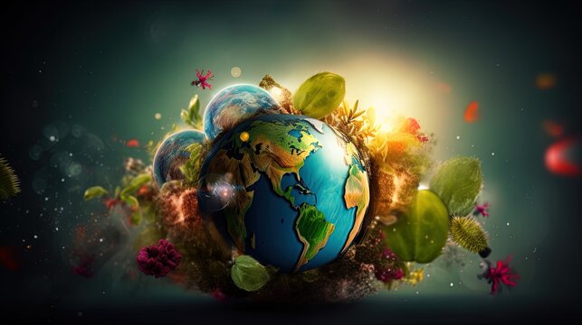 Celebrate Earth Day with a captivating hand-drawn illustration featuring a colorful planet and environmental symbols. Boasting soft colors, bold outlines, and cel shading in a cartoon style.