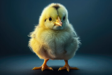 Obraz premium Cute little yellow chicken with a black tuft stands tall on an isolated blue background. Generative AI.