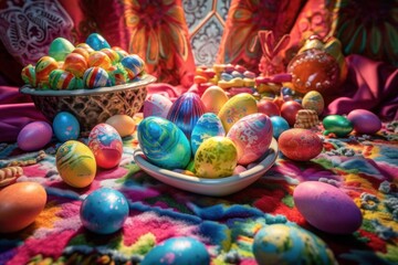 Fototapeta na wymiar Vibrant Rainbow Coloured Easter Eggs on a candy land themed background. Generative AI Illustration