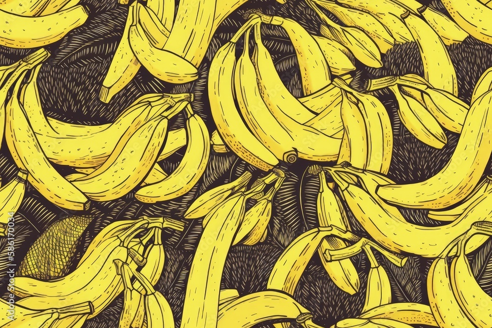 Poster bunch of yellow and green bananas arranged on a wooden table created with generative ai technology