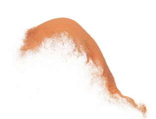 Fototapeta premium brick Sand flying explosion, ground sands grain wave explode. Abstract cloud fly. Orange colored sand splash throwing in Air. White background Isolated high speed shutter, throwing freeze
