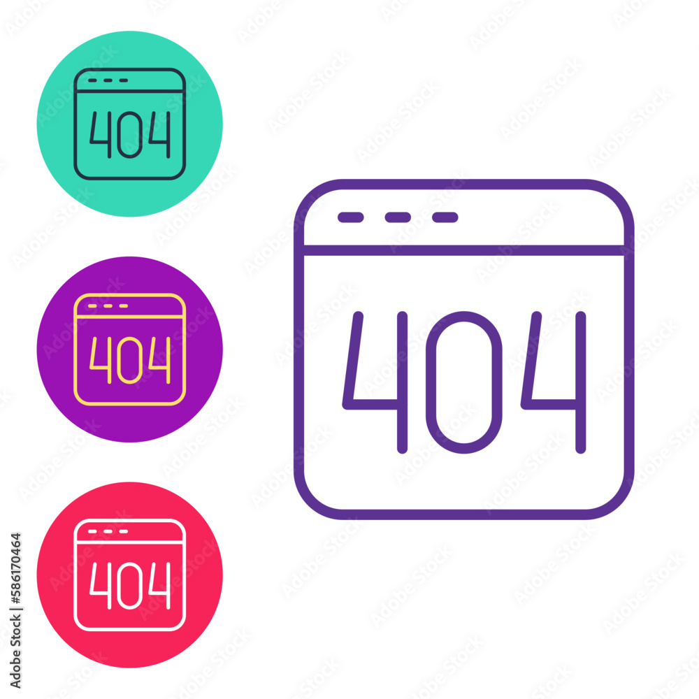 Poster set line page with a 404 error icon isolated on white background. template reports that the page is 