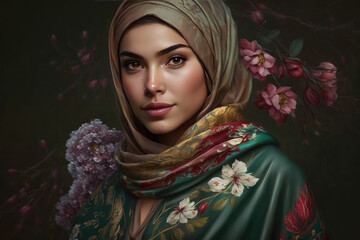 Young woman in golden green hijab wit flowers on a floral background. Beautiful Muslim woman. Beautiful oriental girl in a headscarf and blooming flowers. Generative ai model, Beauty girl illustration