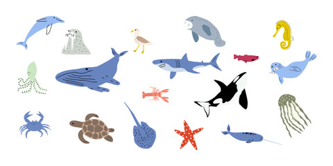 Sea animals. Cute aquatic fish, turtle, whale, narwhal, dolphin, octopus, starfish, crab, jellyfish, seal and other. Kids vector illustration.