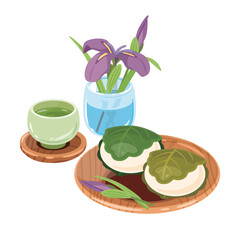 花菖蒲　お茶　柏餅