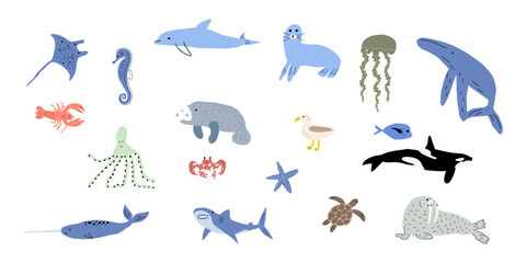 Sea animals. Cute aquatic fish, turtle, whale, narwhal, dolphin, octopus, starfish, crab, jellyfish, seal and other. Kids vector illustration.