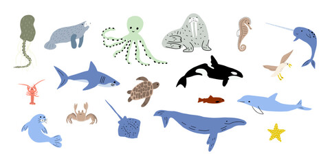 Sea animals. Cute aquatic fish, turtle, whale, narwhal, dolphin, octopus, starfish, crab, jellyfish, seal and other. Kids vector illustration.