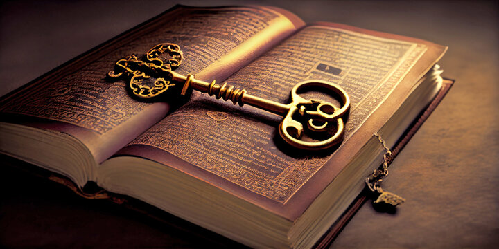A golden old key lies on the pages of an open old book, close-up. Generative AI