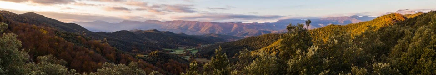 Autumn sunrise in the top of mountain in La Garrotxa, Spain