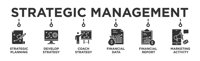 Strategic Management  banner web icon vector illustration concept with icon of Strategic Planning
,Develop Strategy, Coach Strategy, Financial Data, Financial Report, Marketing Activity