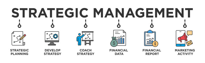 Strategic Management  banner web icon vector illustration concept with icon of Strategic Planning
,Develop Strategy, Coach Strategy, Financial Data, Financial Report, Marketing Activity