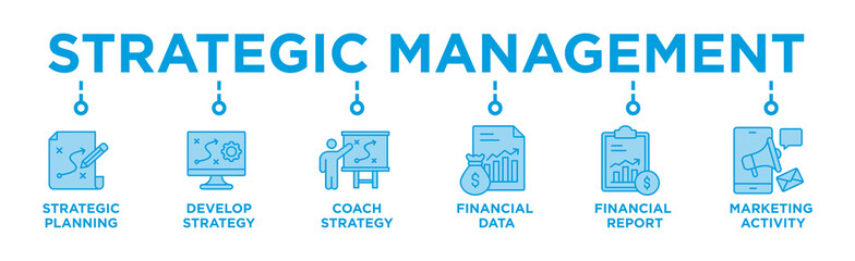 Strategic Management  banner web icon vector illustration concept with icon of Strategic Planning ,Develop Strategy, Coach Strategy, Financial Data, Financial Report, Marketing Activity © Trend Icons
