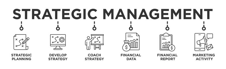 Strategic Management  banner web icon vector illustration concept with icon of Strategic Planning ,Develop Strategy, Coach Strategy, Financial Data, Financial Report, Marketing Activity © Trend Icons