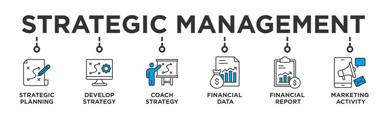 Strategic Management  banner web icon vector illustration concept with icon of Strategic Planning ,Develop Strategy, Coach Strategy, Financial Data, Financial Report, Marketing Activity © Trend Icons
