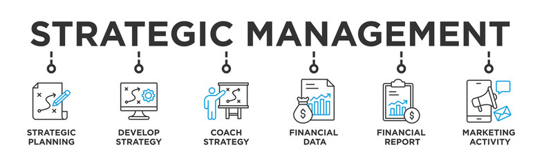 Strategic Management  banner web icon vector illustration concept with icon of Strategic Planning ,Develop Strategy, Coach Strategy, Financial Data, Financial Report, Marketing Activity © Trend Icons