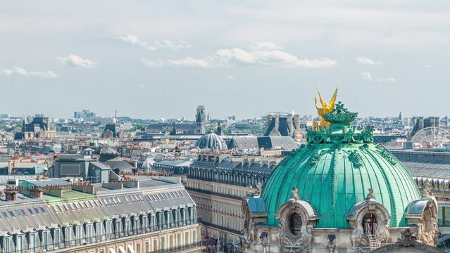 Top view of green dome of Palais or Opera Garnier The National Academy of Music timelapse in Paris, France. Aerial view from rooftop at sunny summer day.