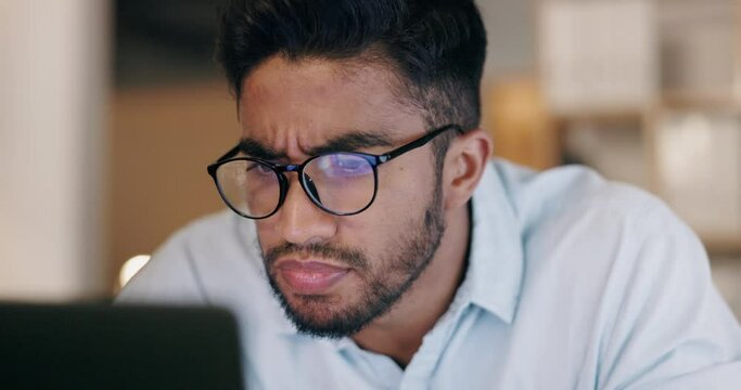 Business man, confused and computer work of a serious office employee with 404 problem. Internet problem, wifi connection issue and focus of a programmer thinking about it software app solution