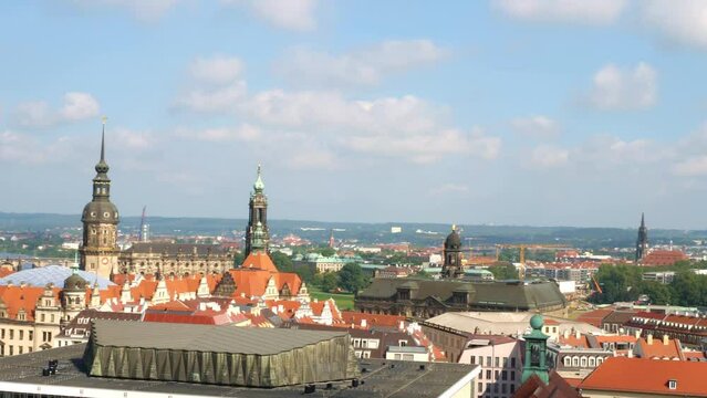 Aerial view of Dresden to church of our lady, Semperoper, Bruehl's Terrace and Cathedral. Travel and sights of city breaks. landmarks, travel guide Europe. Frauenkirche in Dresden, Germany