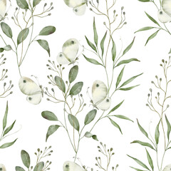 Watercolor floral seamless pattern - a composition of green leaves, branches and butterfly on a white background. Perfect for wrappers, wallpapers, postcards, greeting cards, wedding invitations.