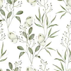 Behang Watercolor floral seamless pattern - a composition of green leaves, branches and butterfly on a white background. Perfect for wrappers, wallpapers, postcards, greeting cards, wedding invitations. © Tatiana 