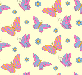 Groovy pattern butterfly, flower . Hippie 60s 70s seamless.