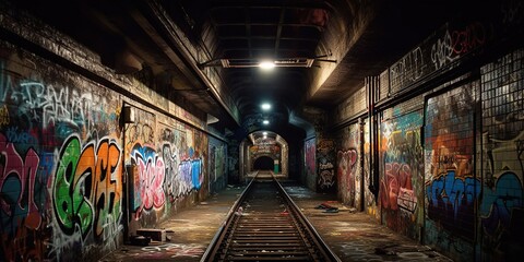 Long empty tunnel with graffiti on the wall. Bright graffiti in an underground tunnel. Dim light, graffiti. Dark and long underground passage with light. Urban style. Generative AI - obrazy, fototapety, plakaty