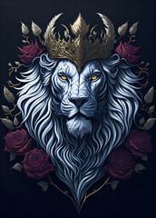 White lion head wearing a crown with a golden pattern and roses: hyper-detailed illustration, Generative AI