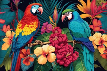 Exotic pattern with parrots and tropical flowers in light color created with AI generative technology