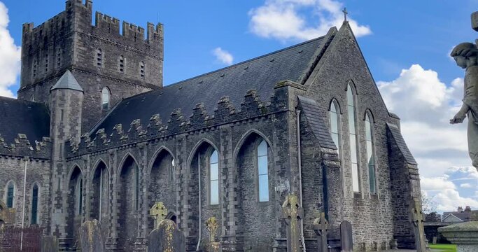 The magnificent architecture of the Church of Ireland  St Brigid's Cathedral  Kildare town  County Kildare as the rain begins One of the earliest documented Irish Christian places of worship