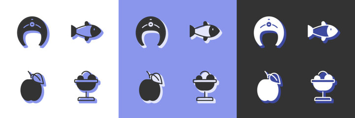 Set Ice cream in the bowl, Fish steak, Plum fruit and icon. Vector