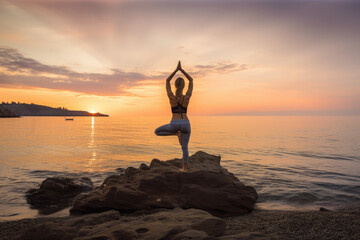 Yoga outdoors, fit woman doing Hatha yoga on tropical beach on sunset Generative AI