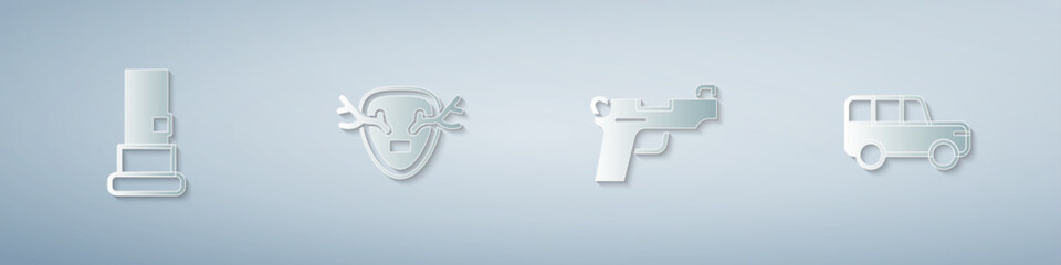 Set Cartridges, Deer antlers on shield, Pistol or gun and Safari car. Paper art style. Vector