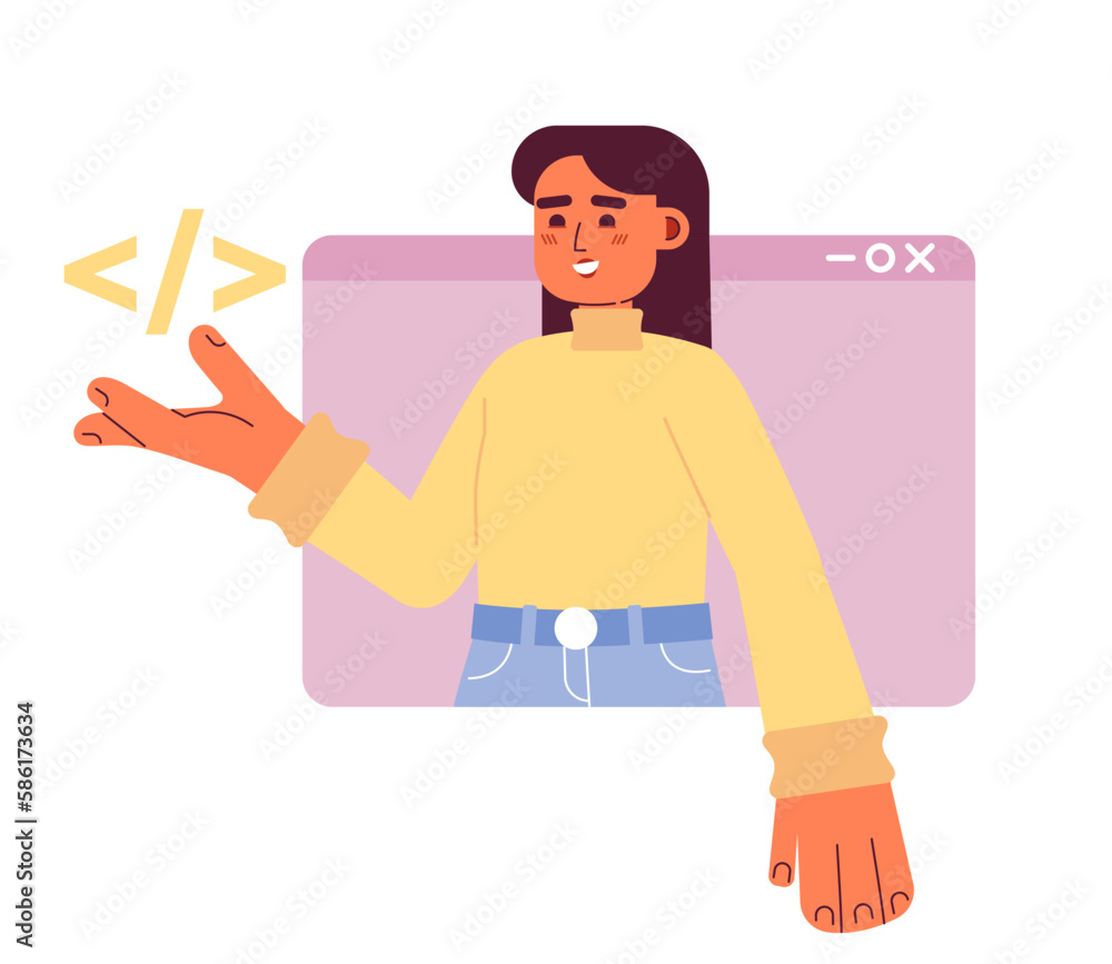 Poster web engineer building website code flat concept vector spot illustration. editable 2d cartoon charac