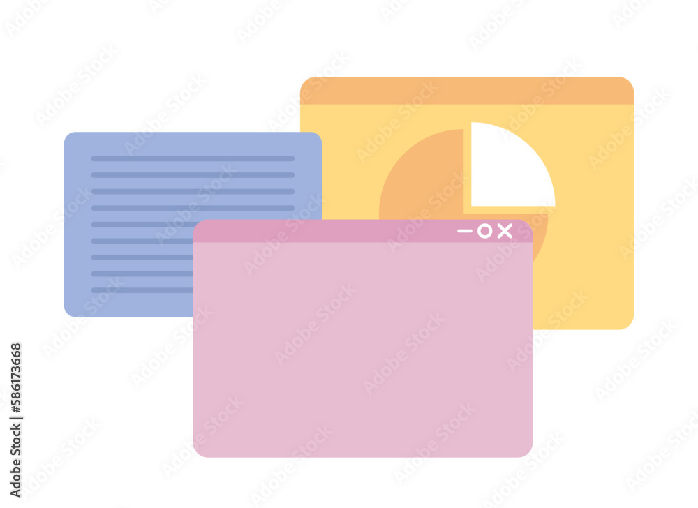 Poster open multiple webpages in browser semi flat color vector icon. planning, managing. editable full siz