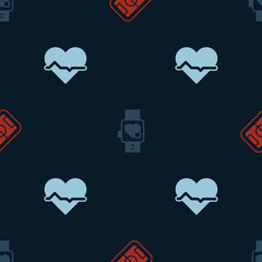 Set Football field, Smart watch with heart and Heart rate on seamless pattern. Vector