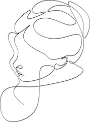 Minimalist silhouette of woman with long curly hair. Black and white. White background. Line drawing.