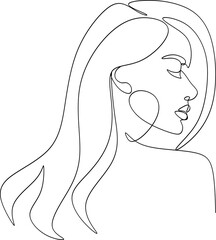 Minimalist silhouette of woman with long curly hair. Black and white. White background. Line drawing.