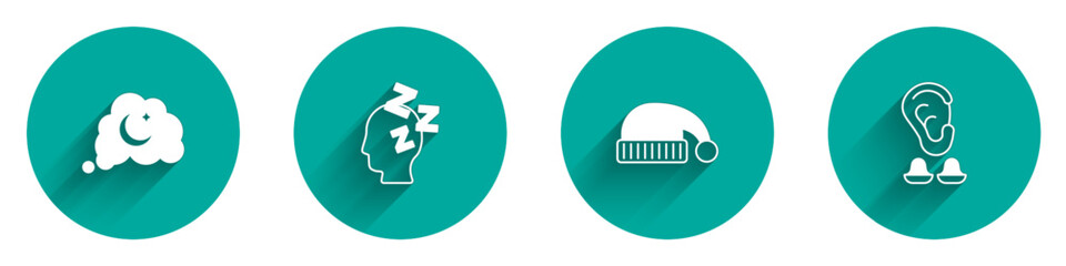 Set Dreams, Sleeping hat and Earplugs and ear icon with long shadow. Vector