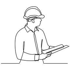 continuous line drawing of engineer professional construction worker carrying building plans