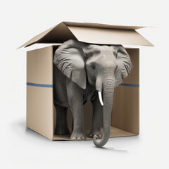 Generative AI illustration of elephant standing in carton box