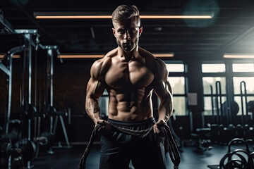 Naklejka na ściany i meble athletic man with a muscular body training in gym. Generative AI