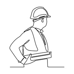 continuous line drawing of engineer professional construction worker carrying building plans