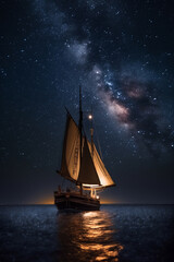Fototapeta na wymiar Sailing ship in the sea against the background of the starry sky. AI generated