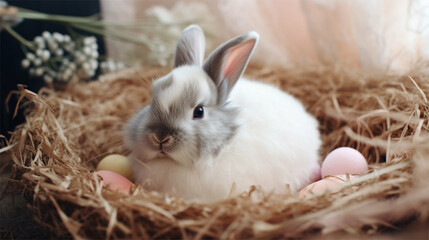 Obraz premium Cute Easter bunny / rabbit that is protecting the nest Generative Art